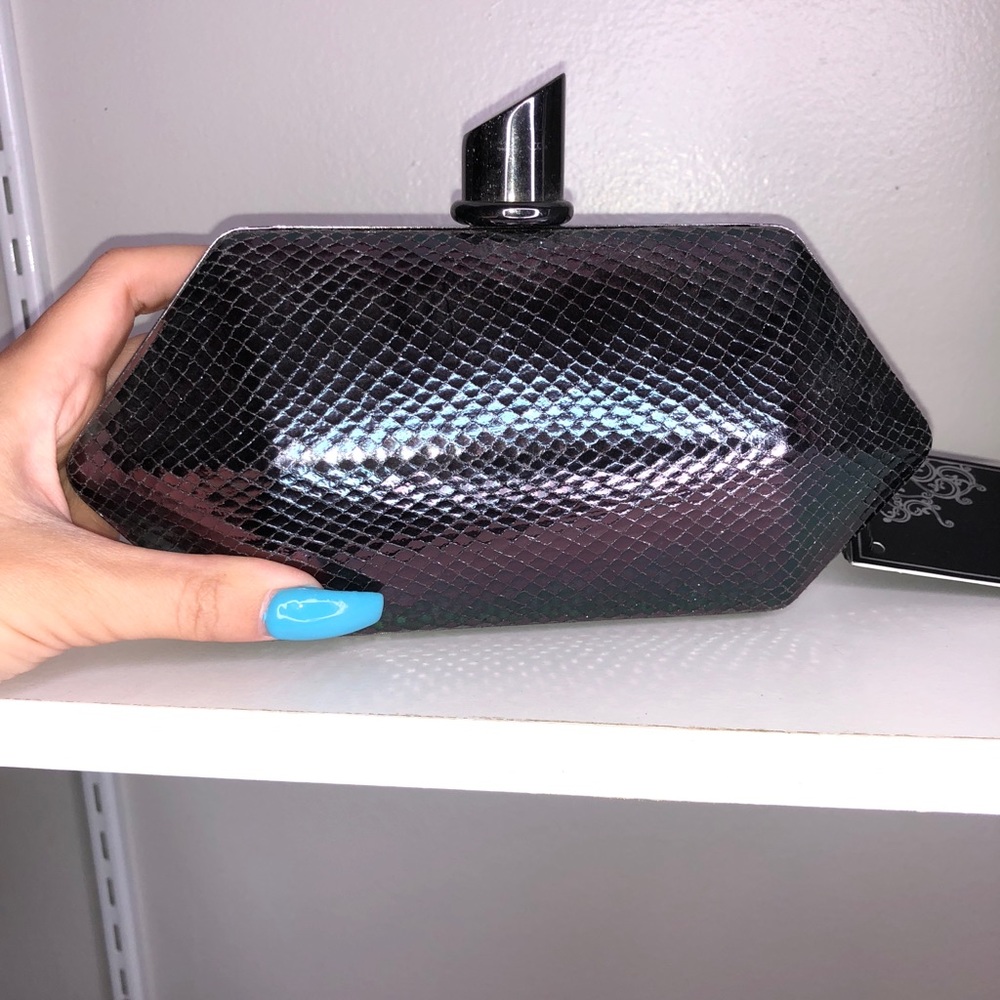 Metallic iridescent gunmetal clutch